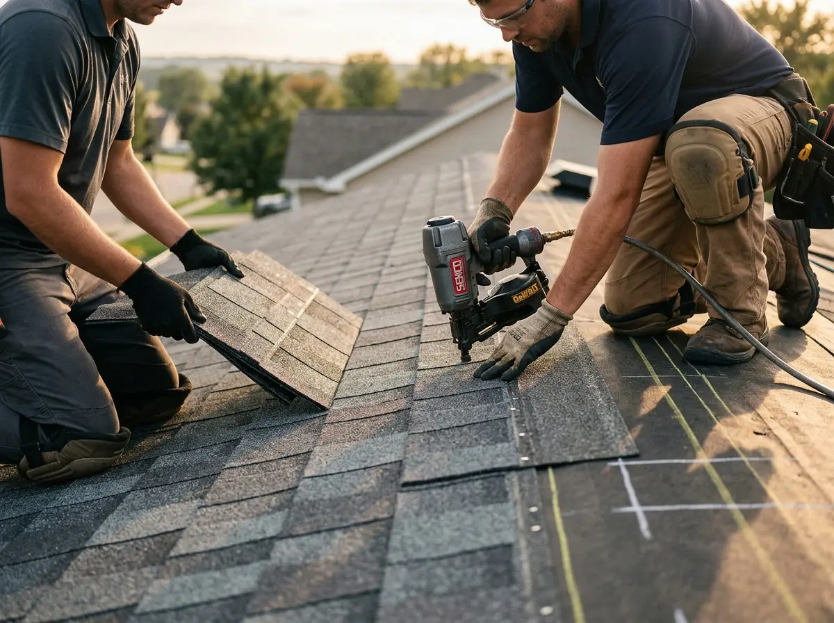 Professional roofer working on a residential roof in West Orange
